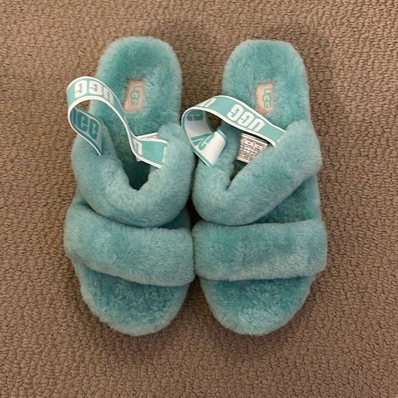 Turquoise Oh Yeah UGG slide fur sandals women - Picture 1 of 3